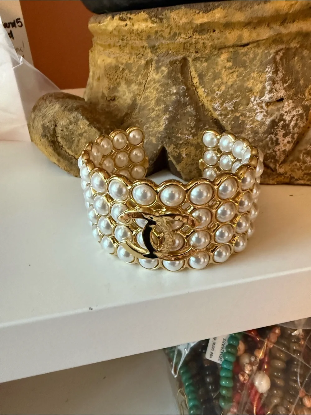 CHANEL Gold-Tone Pearl Multirow Cuff Bracelet